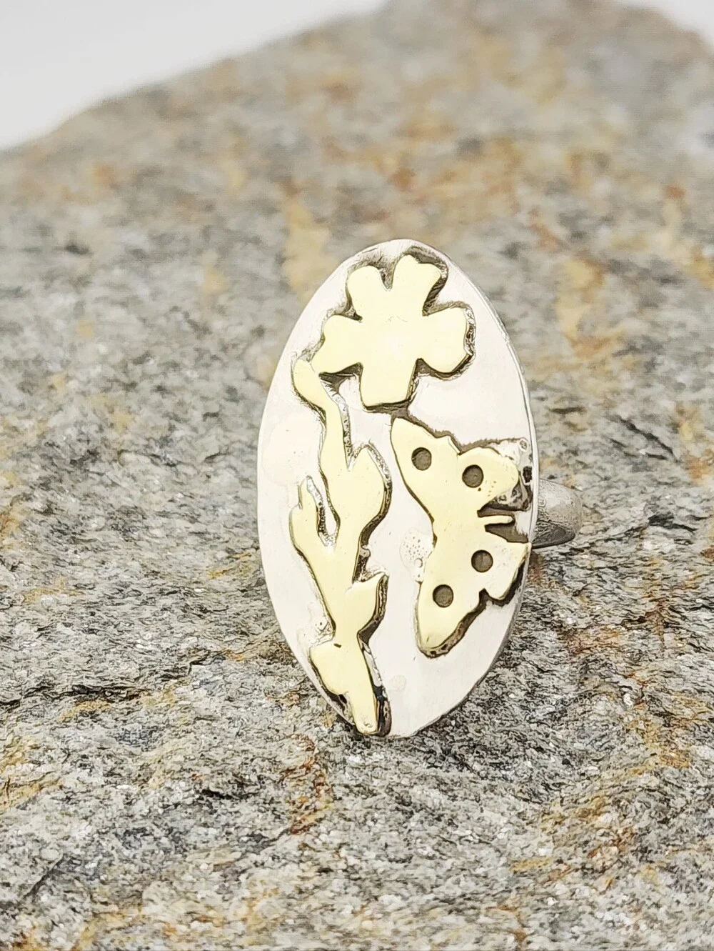 STERLING SILVER & BRASS BOTANICAL HANDMADE RING MIX METAL DESIGN SIZE 7